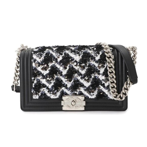 CHANEL BOY CHANEL Chain Shoulder Bag Leather Sequins Black - Picture 1 of 10
